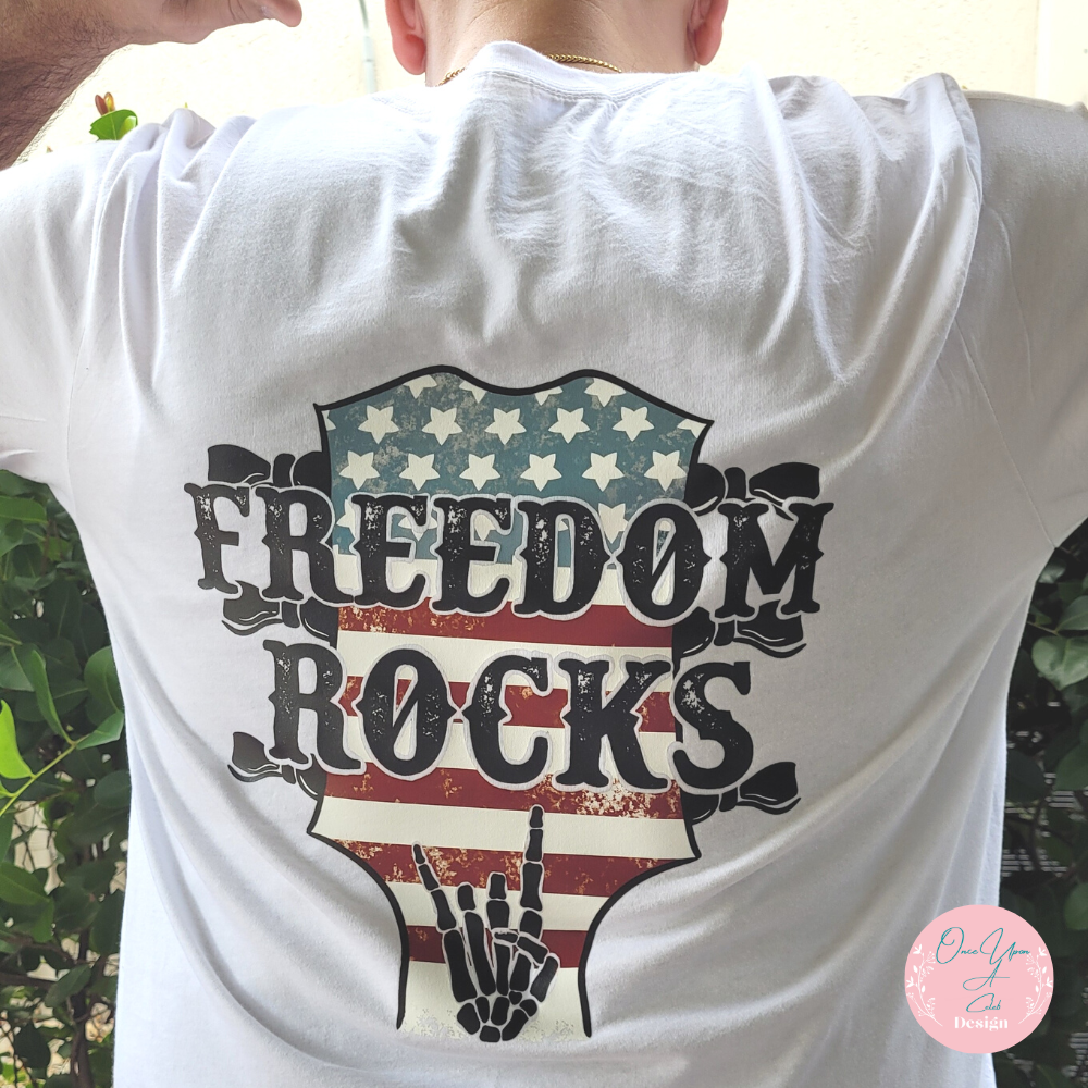 Freedom Rocks Skelly hands White T-shirt I by Once Upon A Celeb Design