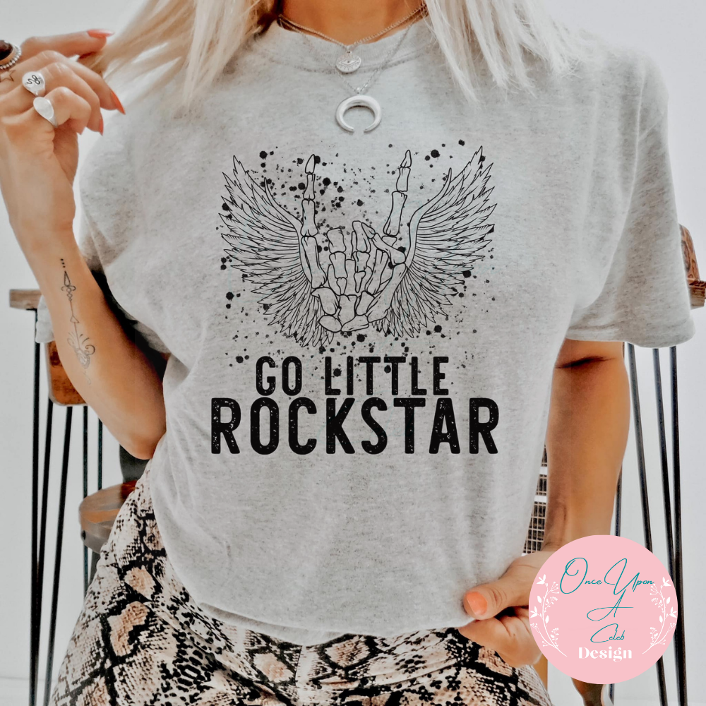 Grey Skellie hand with wings Go Little Rockstar T-shirt by Once Upon A Celeb Design www.onceuponacelebdesign.com