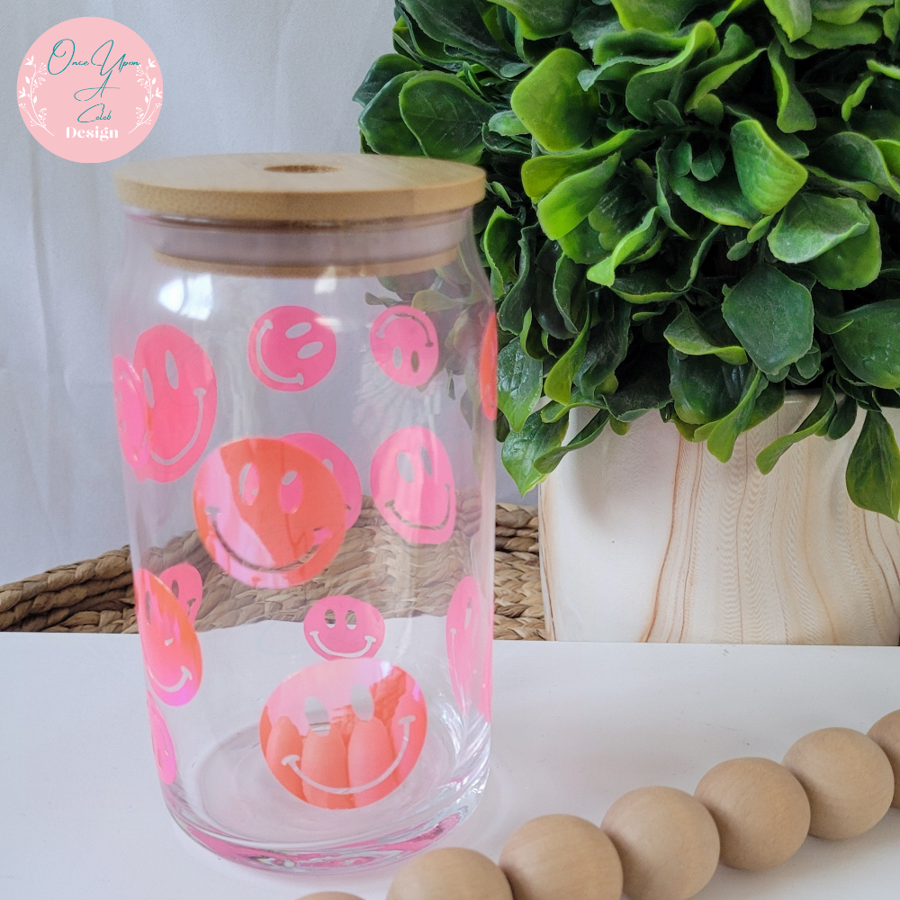 Smiling Faces Glass Beer Can with Bamboo Lid and Straw By Once Upon A Celeb Design