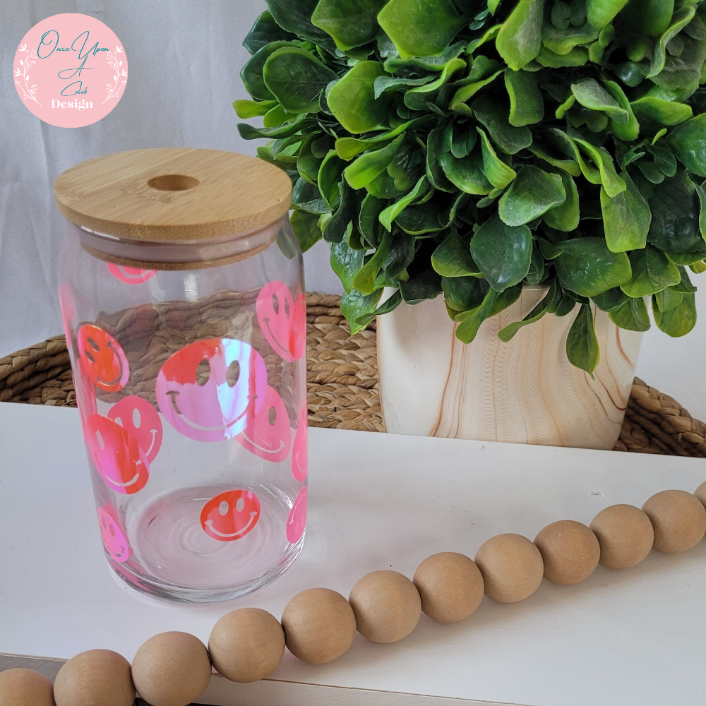 Smiling Faces Glass Beer Can with Bamboo Lid and Straw By Once Upon A Celeb Design
