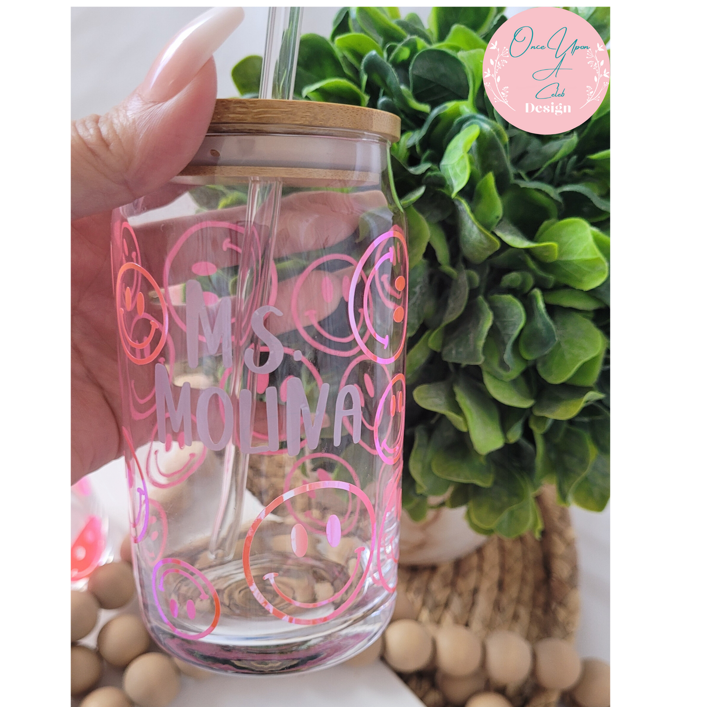 Personalized Outlined Smiley Face, Glass Beer Can with Bamboo Lid and Glass Straw