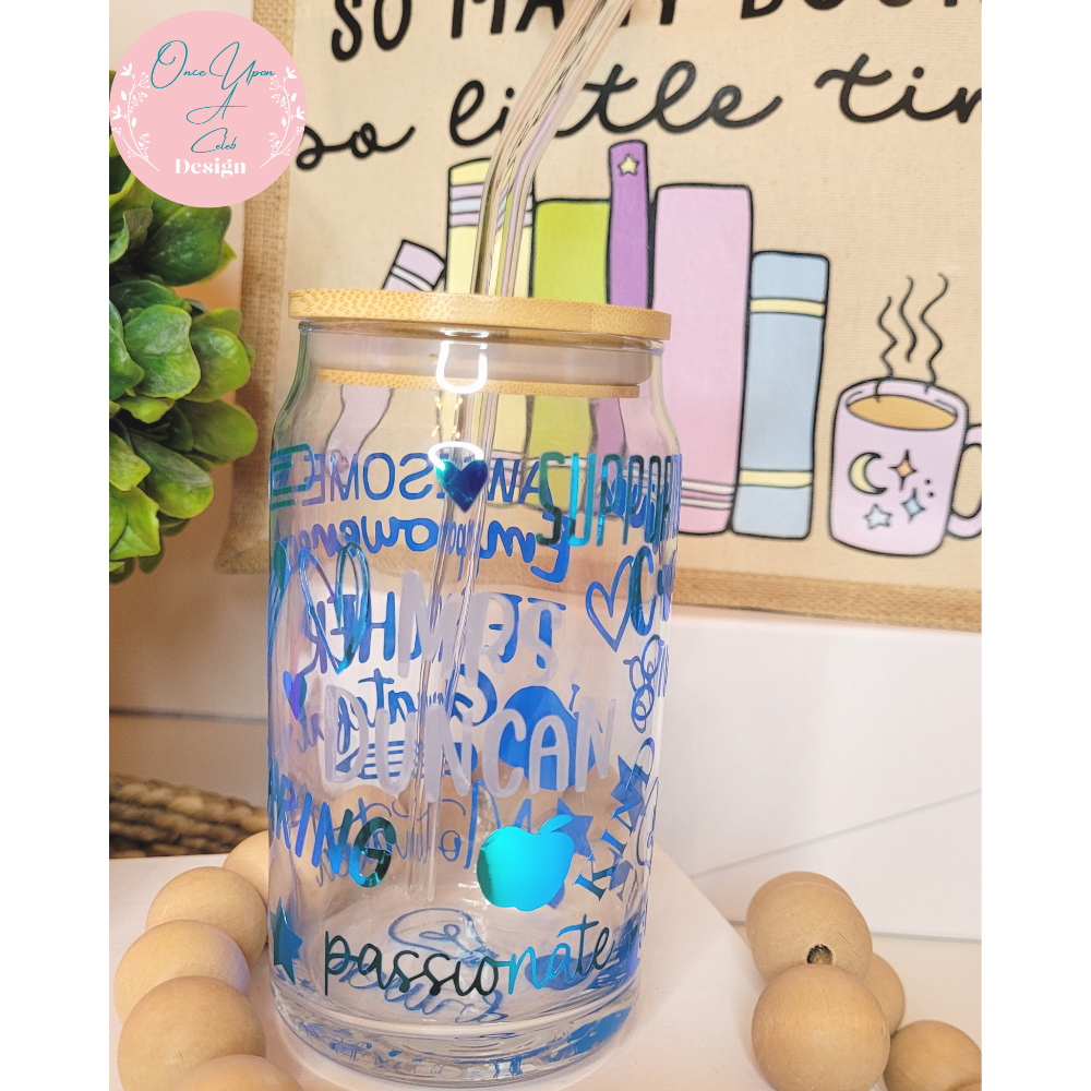Personalized Color Changing Vinyl Teacher Inspirational Glass Beer Can with Bamboo Lid