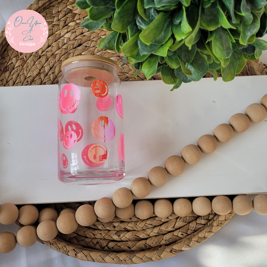 Smiling Faces Glass Beer Can with Bamboo Lid and Straw By Once Upon A Celeb Design