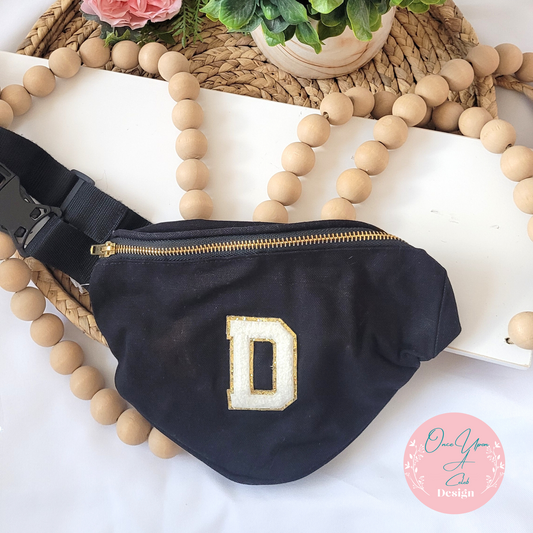 Black canvas cross body bag with White and Gold Chenille Letters By Once Upon A Celeb Design