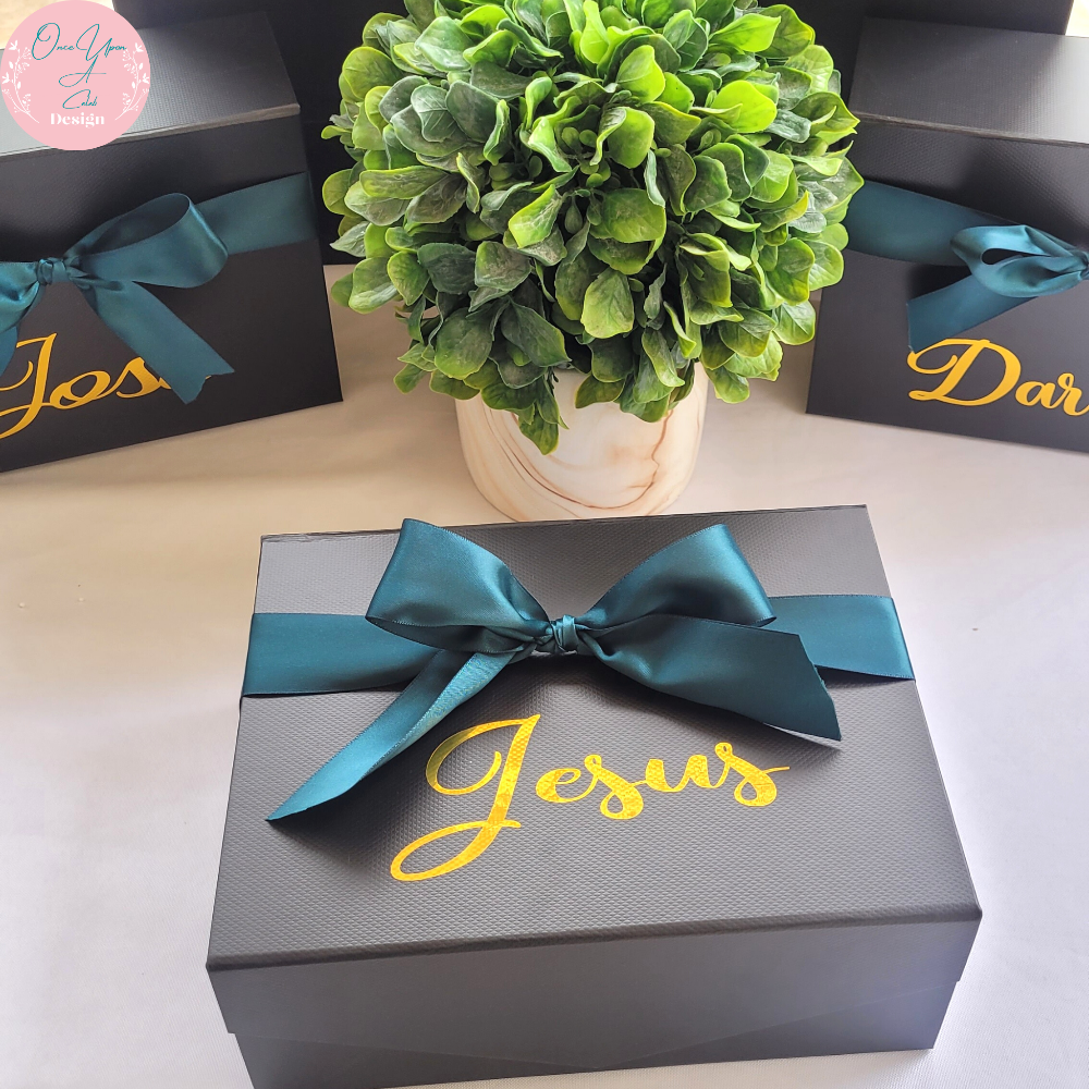 Personalized Black Gift Box with Green Ribbon By Once Upon A Celeb Design