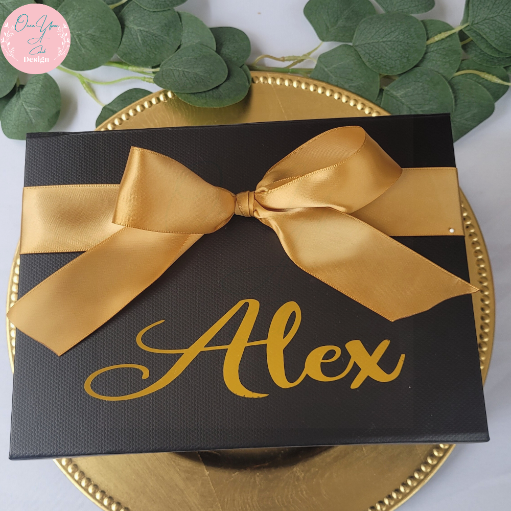 Personalized Black Gift Box with Metallic Gold Vinyl By Once Upon A Celeb Design