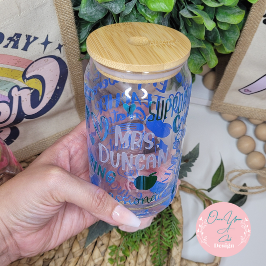 Personalized Color Changing Vinyl Teacher Inspirational Glass Beer Can with Bamboo Lid