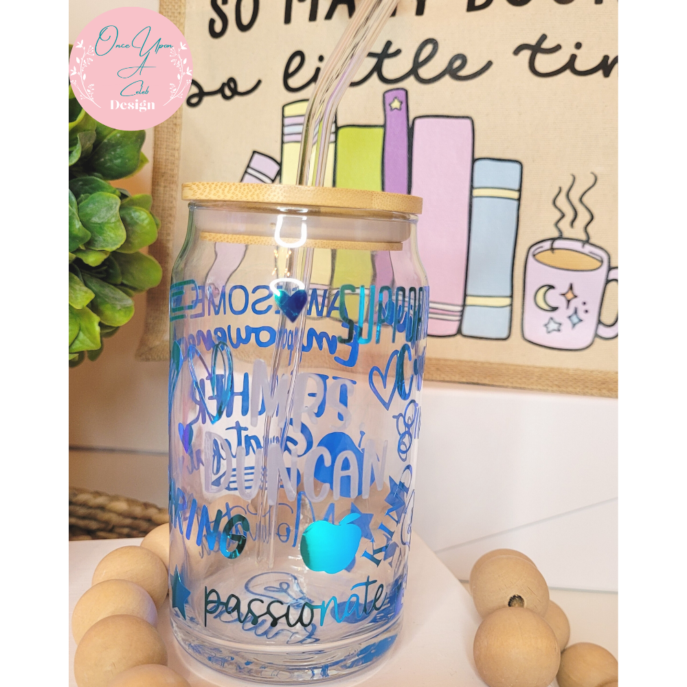 Blue Personalized Teacher Color changing Glass Beer Can with Bamboo Li –  www.