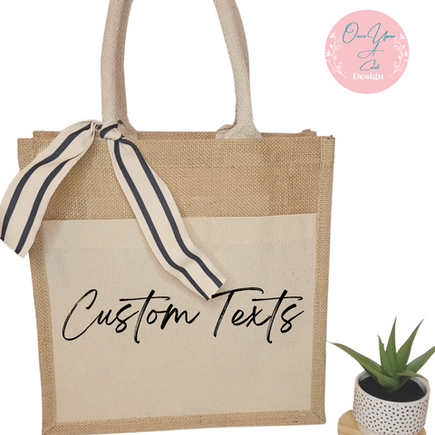 Personalize with your custom text Jute tote bag by Once Upon A Celeb design