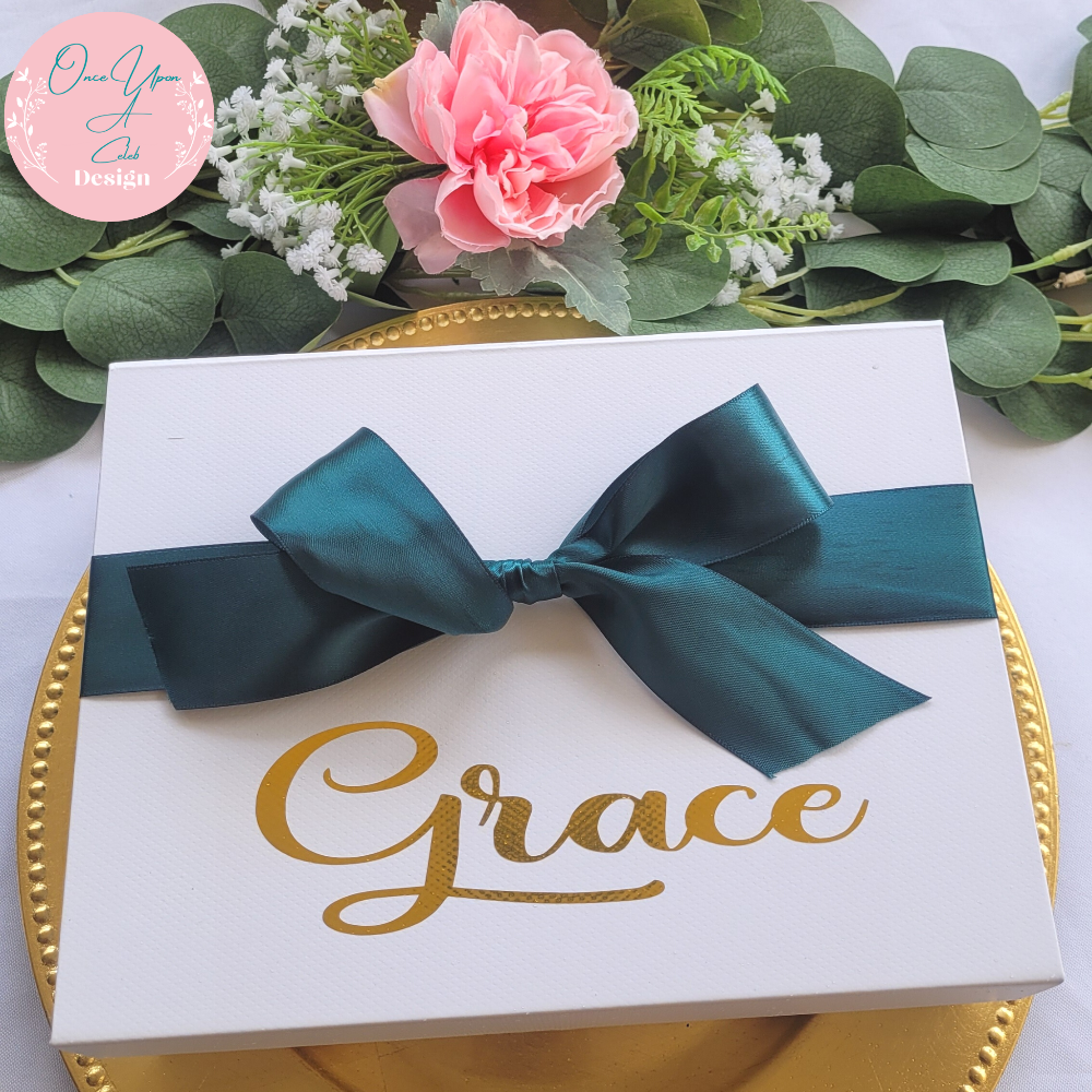 Personalized White Gift Box with Metallic Gold Font By Once Upon A Celeb Design