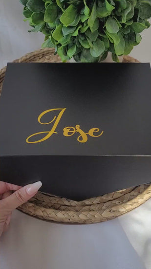 Video of Personalized Black Gift Box with Gold Metallic Vinyl By Once Upon A Celeb Design