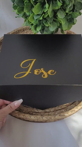 Video of Personalized Black Gift Box with Gold Metallic Vinyl By Once Upon A Celeb Design